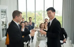 Office party photo booth hire cake presentation setup for