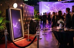 Magic Mirror photo booth on a red carpet at an office party